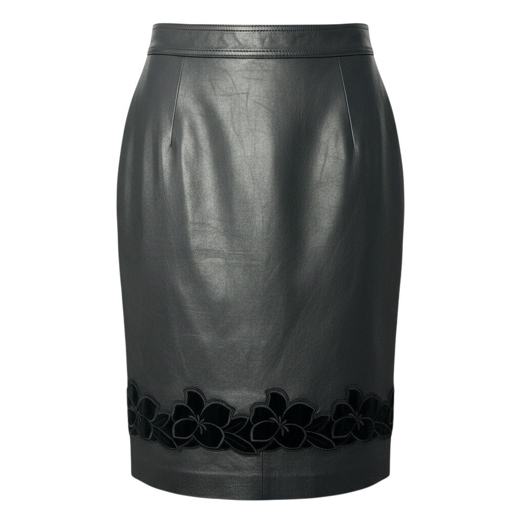 Loewe Leather Skirt Knee Length Flower Motif Floral Pattern 38 Black