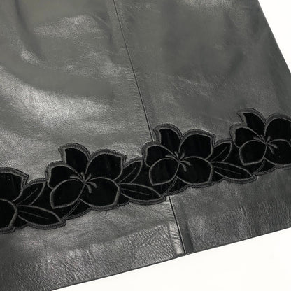 Loewe Leather Skirt Knee Length Flower Motif Floral Pattern 38 Black — view 6