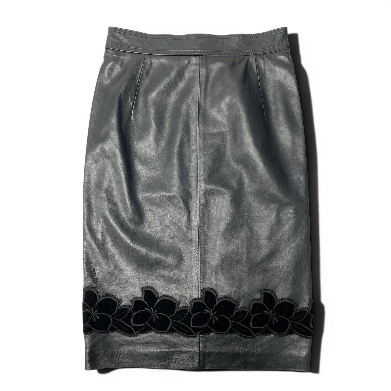 Loewe Leather Skirt Knee Length Flower Motif Floral Pattern 38 Black — view 2