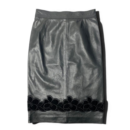 Loewe Leather Skirt Knee Length Flower Motif Floral Pattern 38 Black — view 2