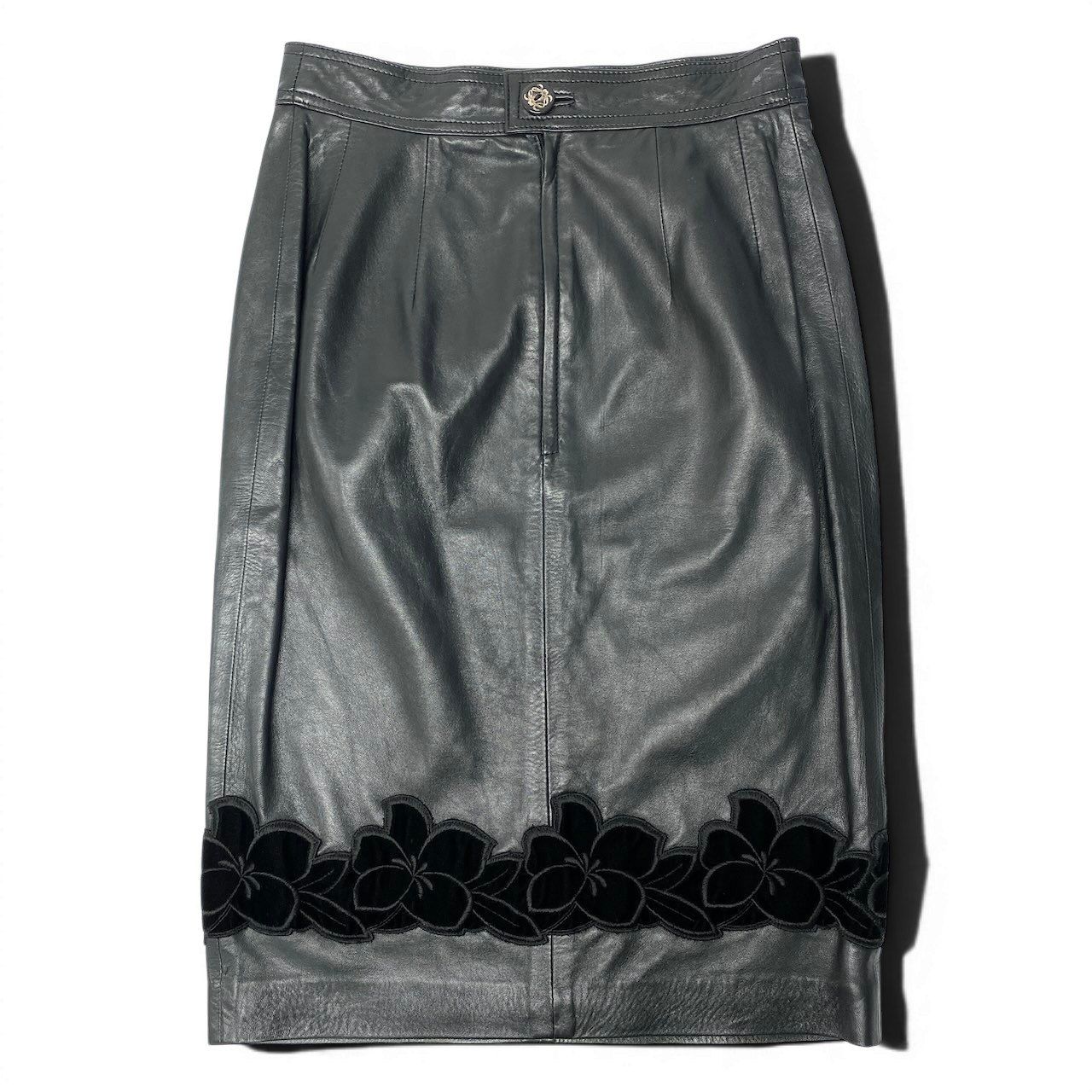 Loewe Leather Skirt Knee Length Flower Motif Floral Pattern 38 Black — view 3