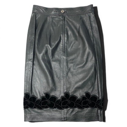 Loewe Leather Skirt Knee Length Flower Motif Floral Pattern 38 Black — view 3