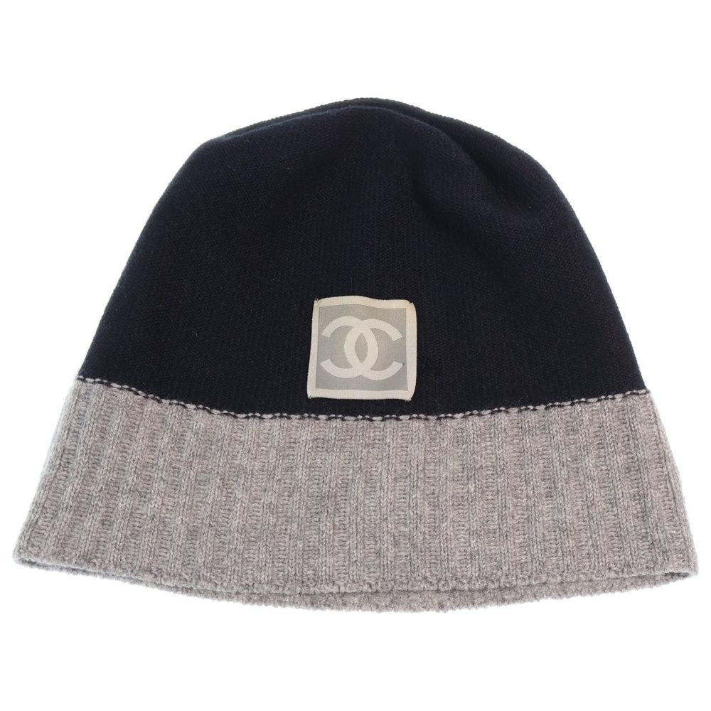 Chanel CC Logo Knit Hat Beanie Gray Black