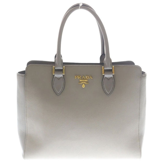 Prada Saffiano 2-Way Shoulder Bag Gray Beige Leather Gold