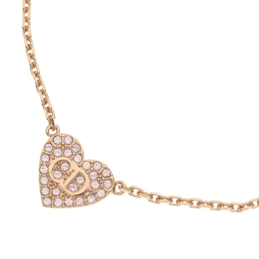 Dior CD Logo Line Stone Heart Necklace Pendant Chain Pink Gold