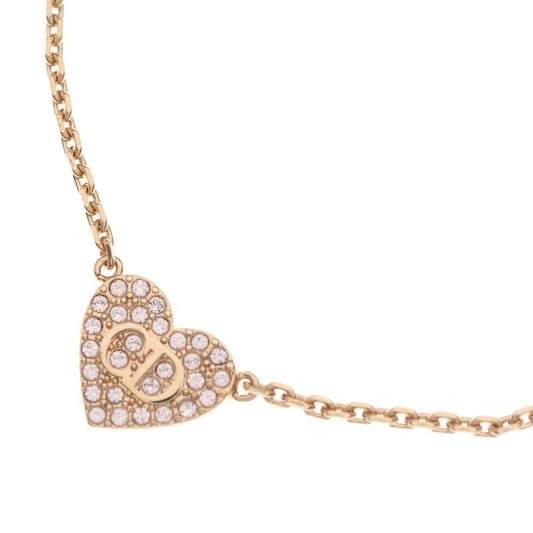 Dior CD Logo Line Stone Heart Necklace Pendant Chain Pink Gold