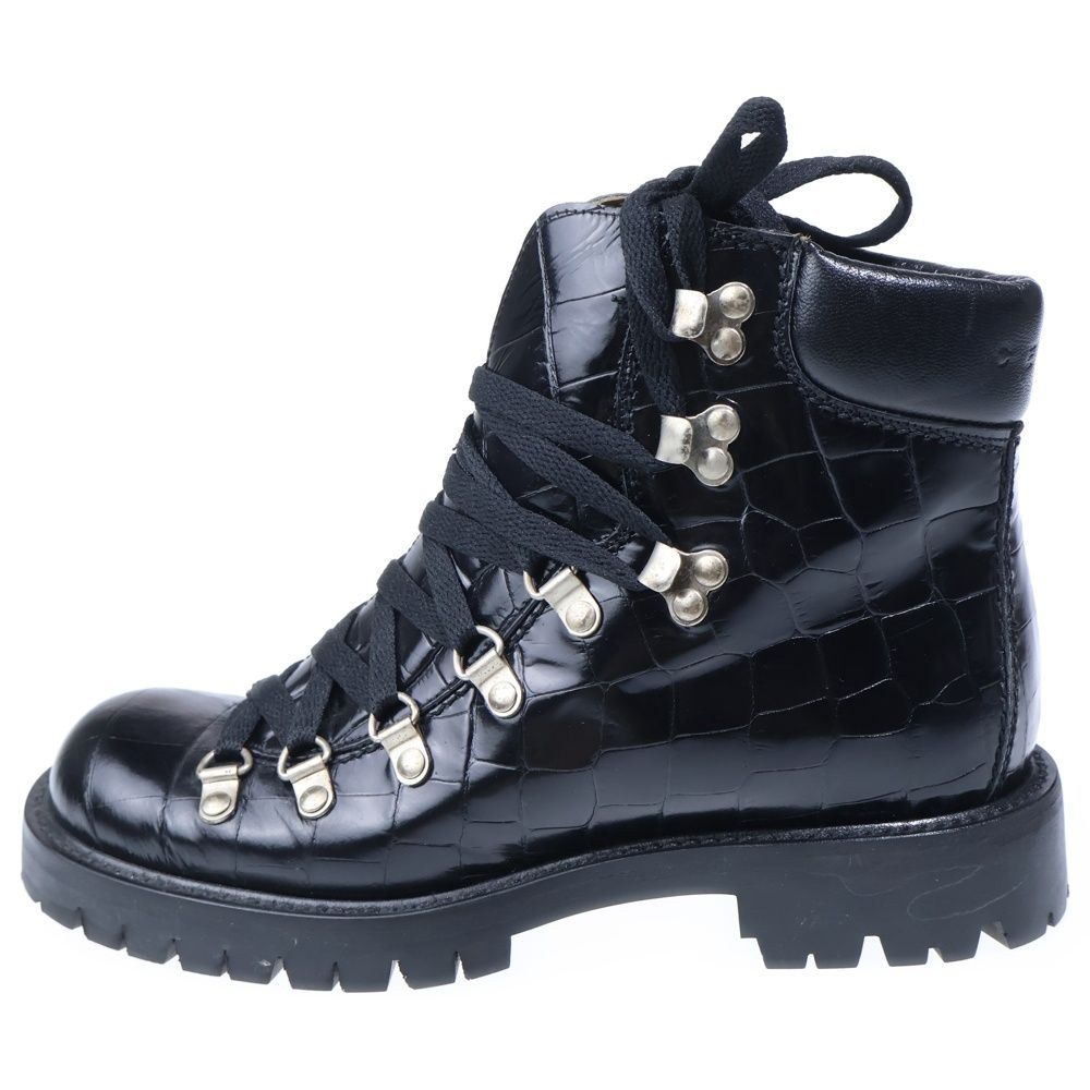 Celine Croco Embossed Leather Lace Up Boots Black