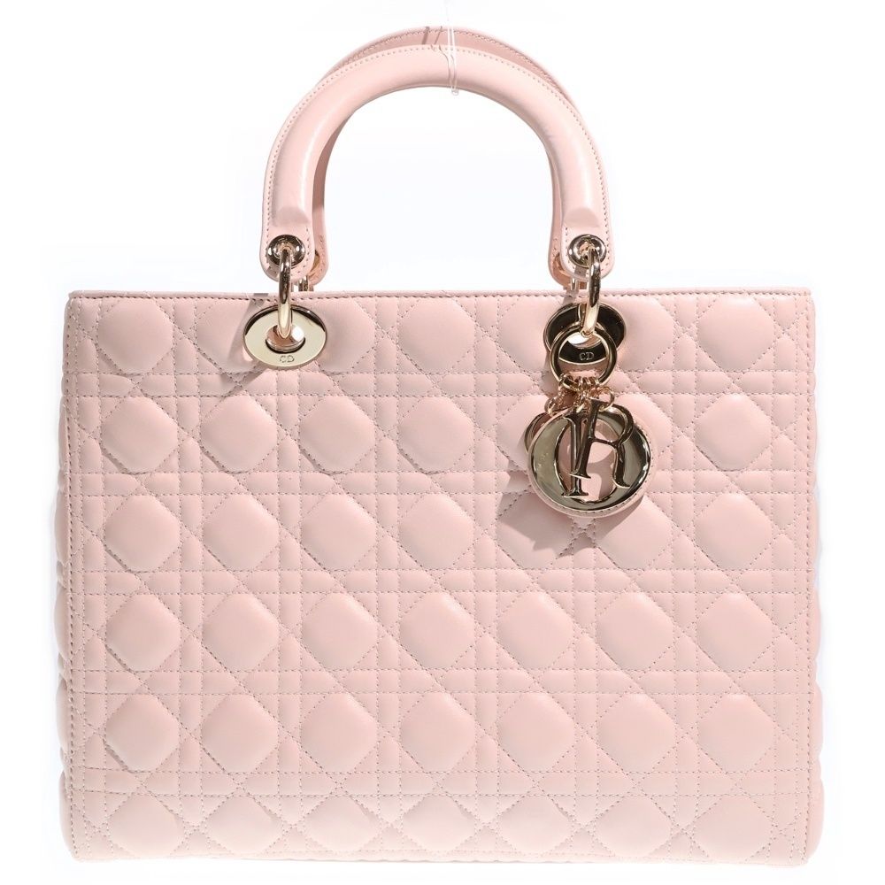 Dior Lady Large 2-Way Tote Shoulder Bag Baby Pink Leather Gold