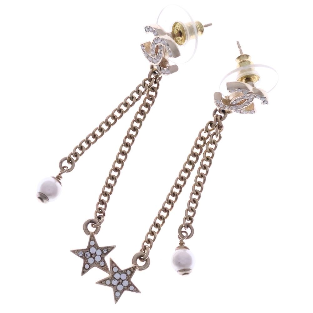 Chanel CC Star Line Stone CC Logo Earrings Gold