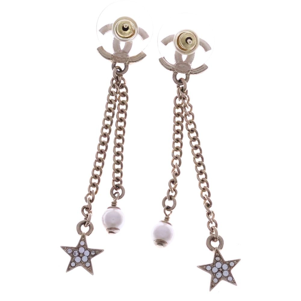 Chanel CC Star Line Stone CC Logo Earrings Gold — view 2