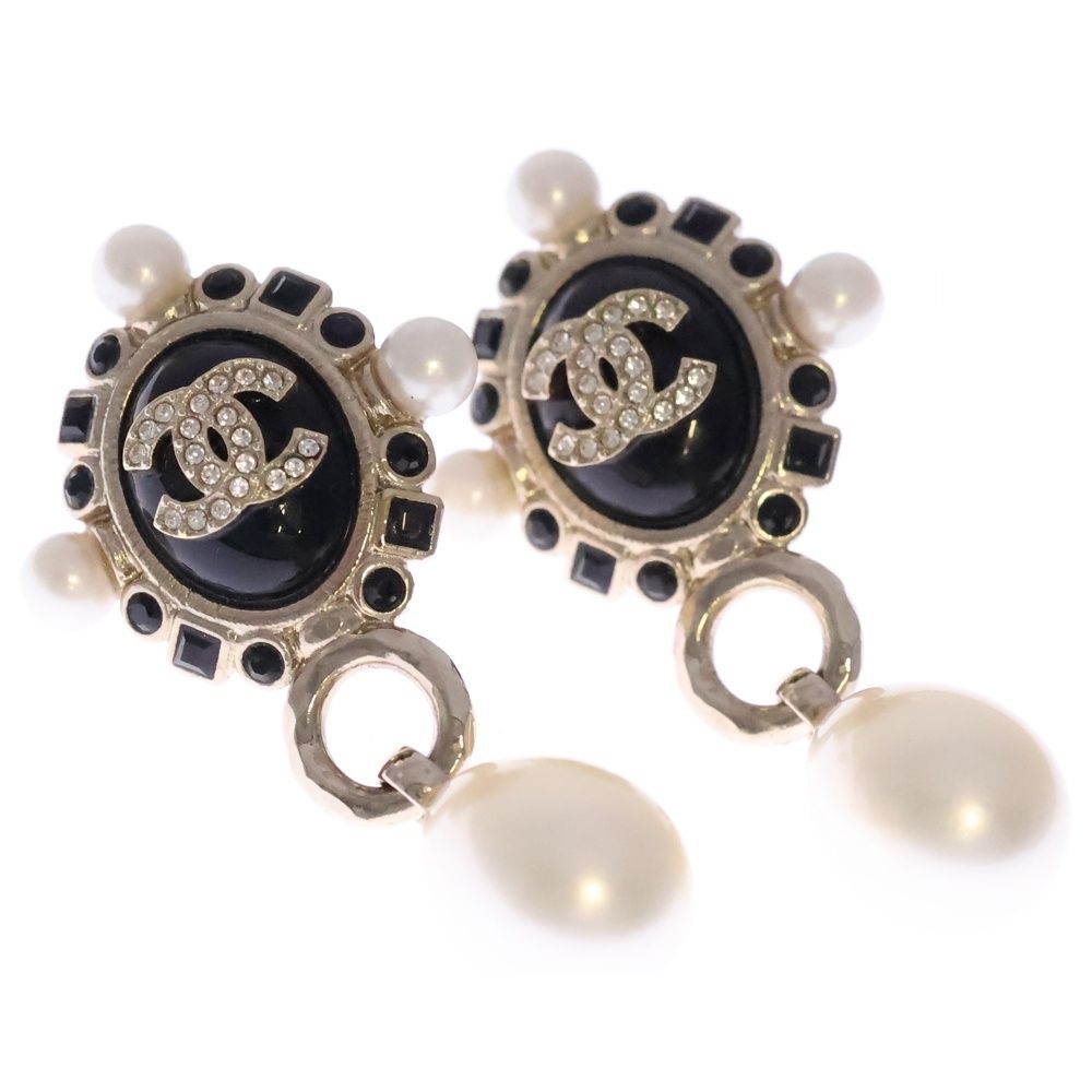 Chanel CC Logo Line Stone Earrings Black Gold