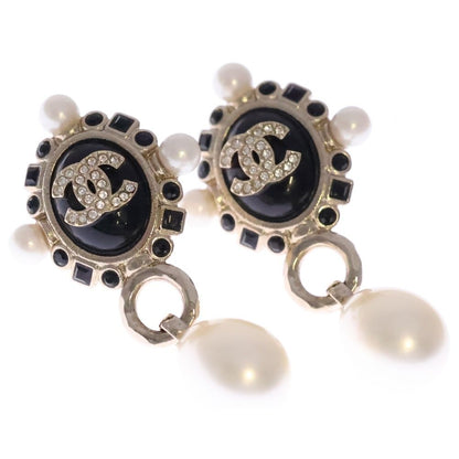 Chanel CC Logo Line Stone Earrings Black Gold