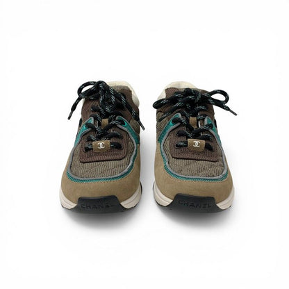 Chanel Sneakers Shoes Mesh Suede Leather Brown Green CC Logo — view 2