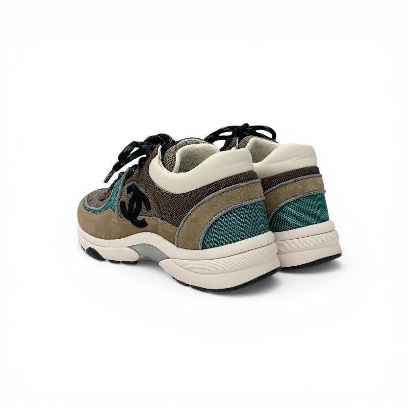 Chanel Sneakers Shoes Mesh Suede Leather Brown Green CC Logo — view 4