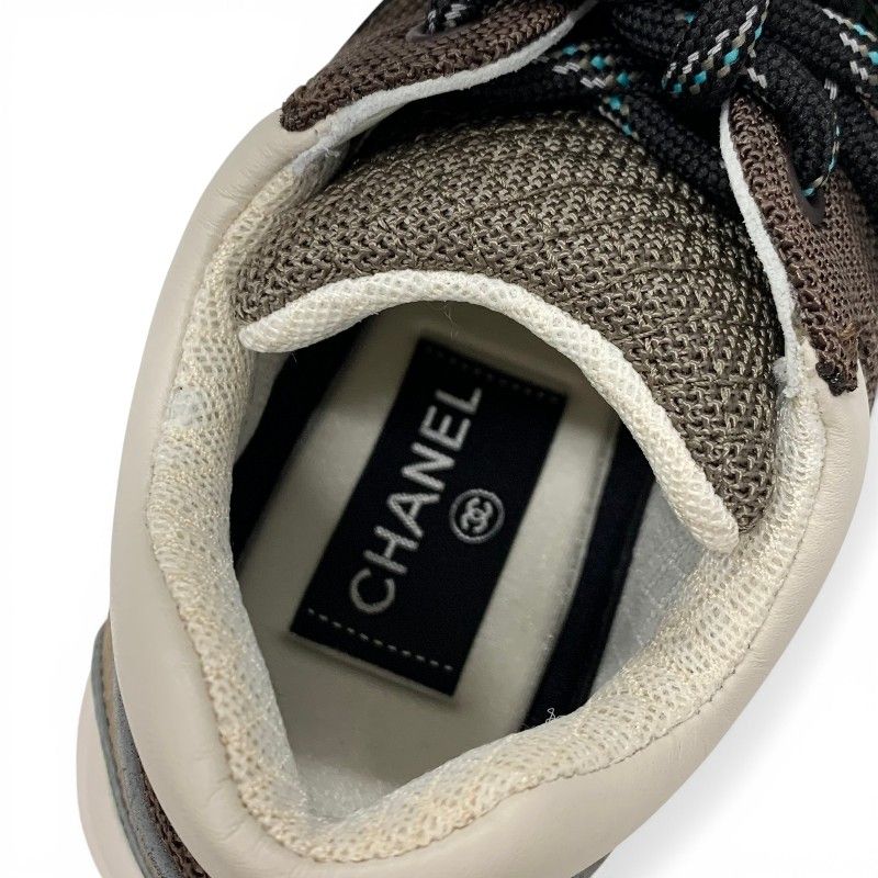 Chanel Sneakers Shoes Mesh Suede Leather Brown Green CC Logo — view 7