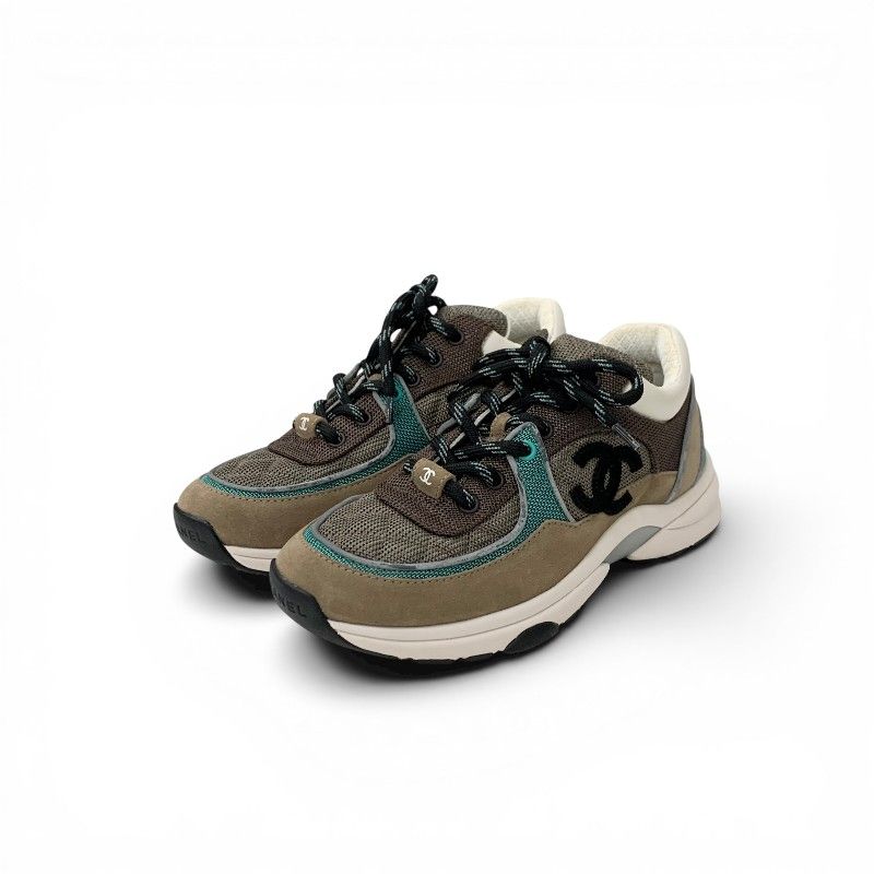 Chanel Sneakers Shoes Mesh Suede Leather Brown Green CC Logo