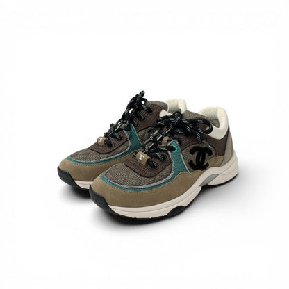 Chanel Sneakers Shoes Mesh Suede Leather Brown Green CC Logo