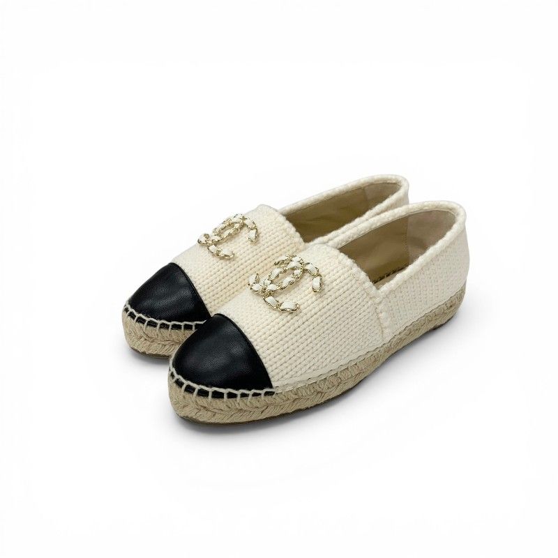 Chanel Flat Shoes Fabric Leather Ivory Black CC Logo Espadrille Chain