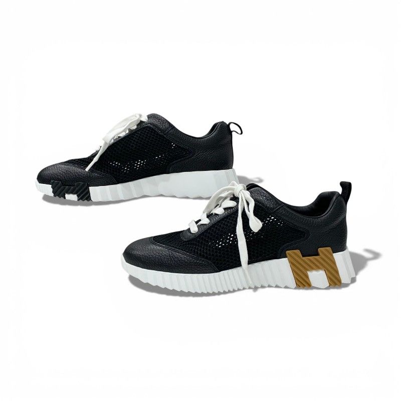 Hermes Bouncing Sneakers Shoes Leather Fabric Black Brown Mesh — view 3