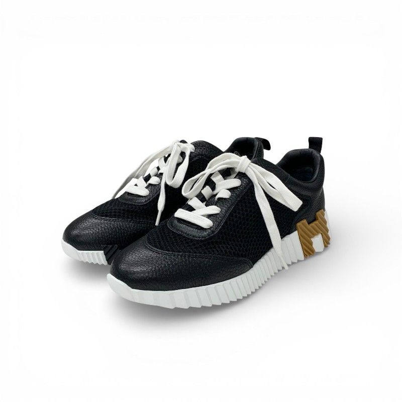 Hermes Bouncing Sneakers Shoes Leather Fabric Black Brown Mesh