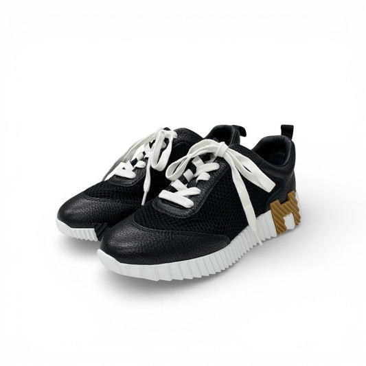 Hermes Bouncing Sneakers Shoes Leather Fabric Black Brown Mesh