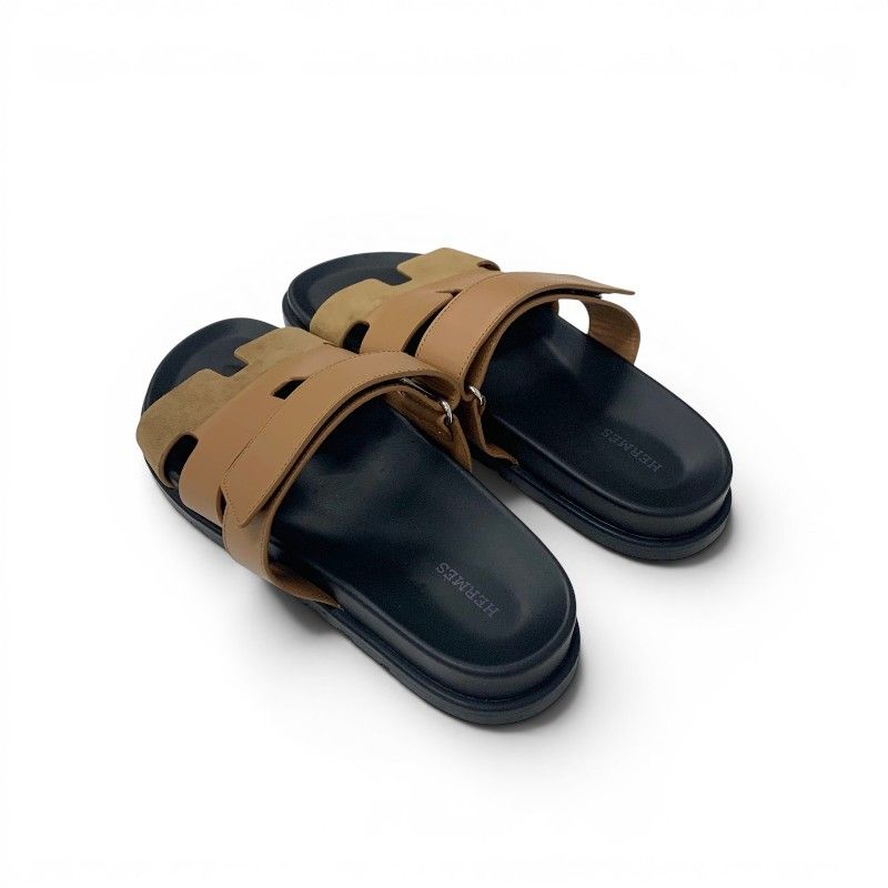 Hermes Chypre Sandals Shoes Leather Suede Brown Velcro Strap Flat — view 4