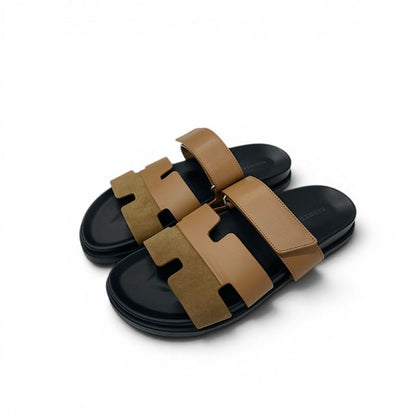 Hermes Chypre Sandals Shoes Leather Suede Brown Velcro Strap Flat