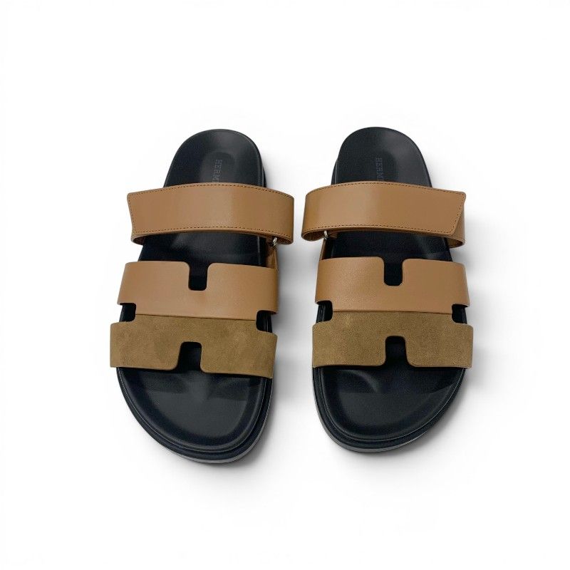 Hermes Chypre Sandals Shoes Leather Suede Brown Velcro Strap Flat — view 2
