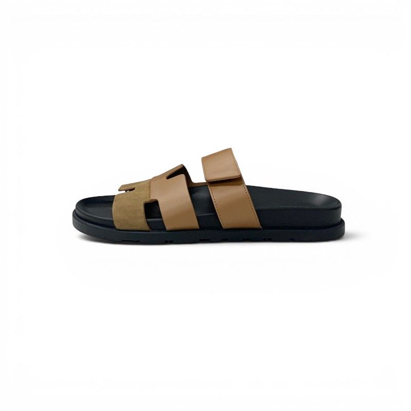Hermes Chypre Sandals Shoes Leather Suede Brown Velcro Strap Flat — view 3