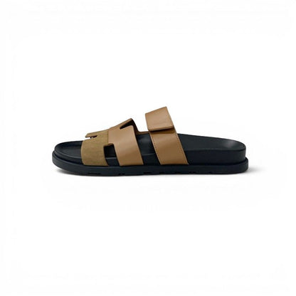 Hermes Chypre Sandals Shoes Leather Suede Brown Velcro Strap Flat — view 3