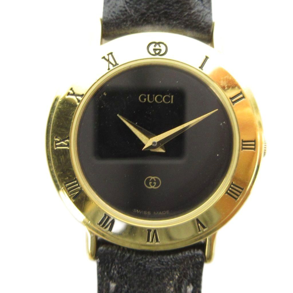 Gucci L Watch Quartz Black Dial Leather Gold