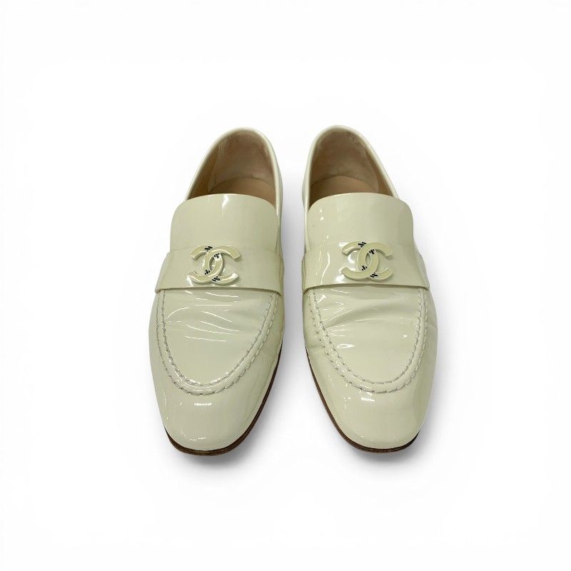 Chanel Loafers Leather Shoes Patent Ivory CC Logo Flat — view 2