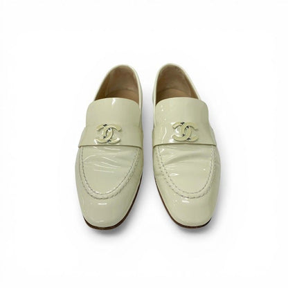 Chanel Loafers Leather Shoes Patent Ivory CC Logo Flat — view 2