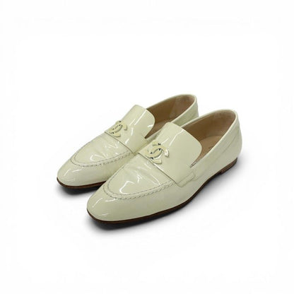 Chanel Loafers Leather Shoes Patent Ivory CC Logo Flat