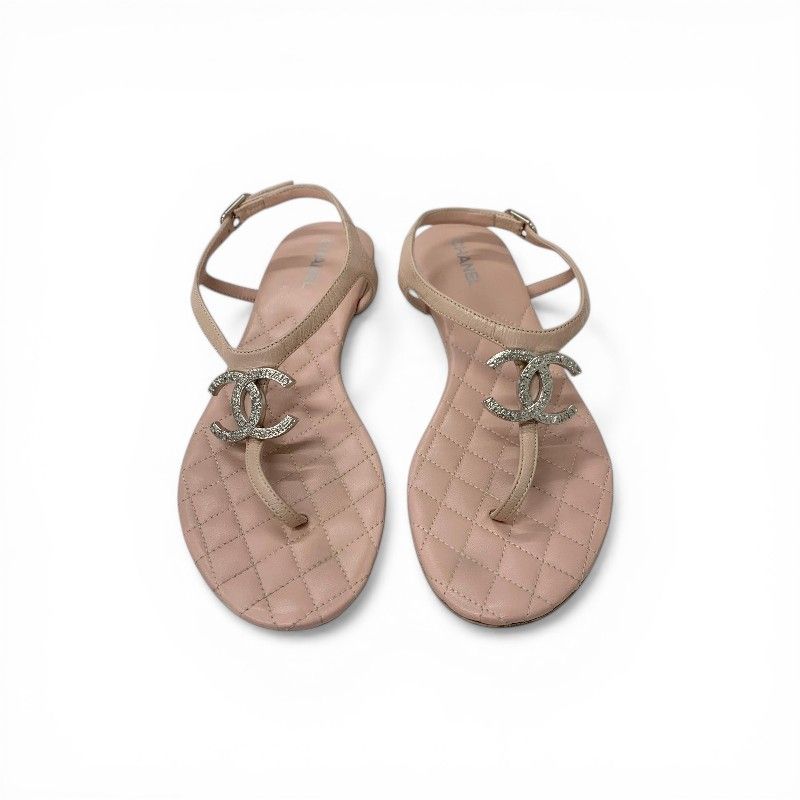 Chanel Sandals Shoes Leather Pink Silver CC Logo Quilted Thong — view 2