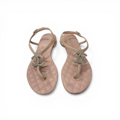 Chanel Sandals Shoes Leather Pink Silver CC Logo Quilted Thong — view 2