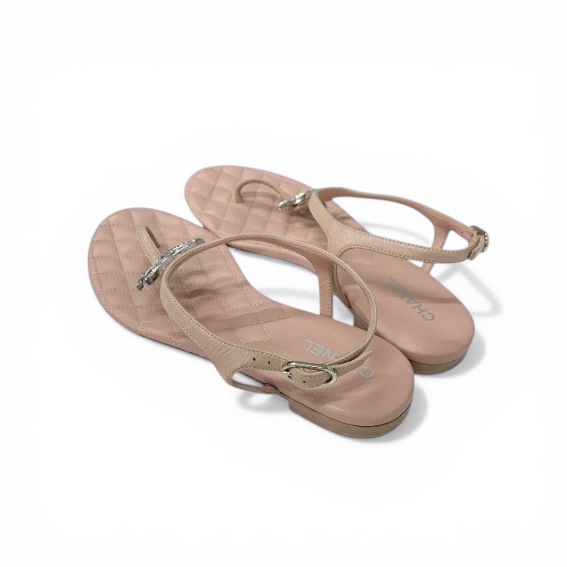 Chanel Sandals Shoes Leather Pink Silver CC Logo Quilted Thong — view 4