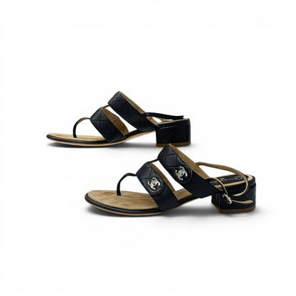 Chanel Sandals Shoes Leather Black Silver CC Logo Quilted Strap — view 3