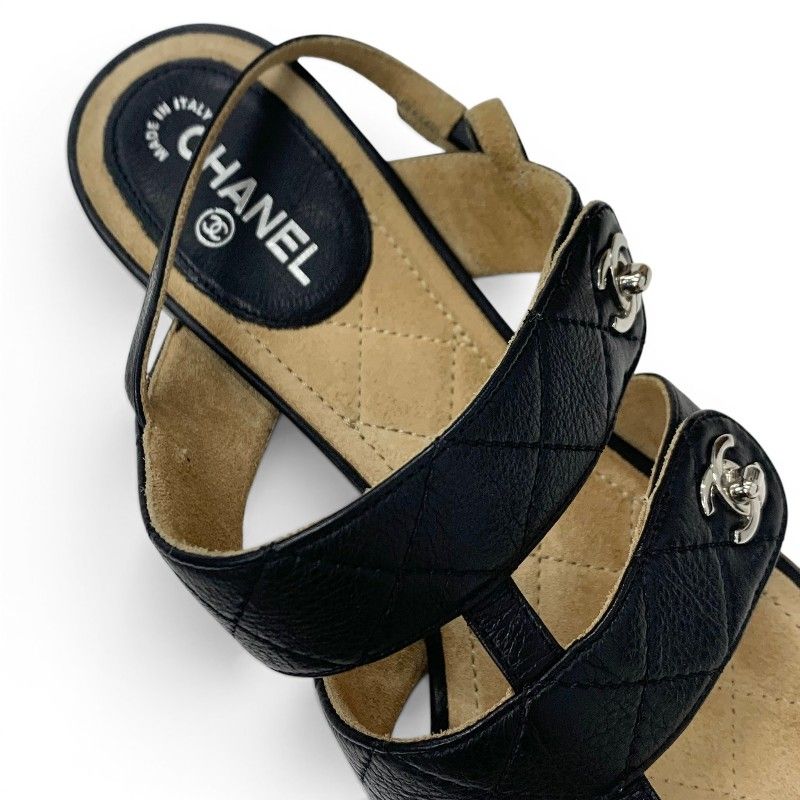 Chanel Sandals Shoes Leather Black Silver CC Logo Quilted Strap — view 7