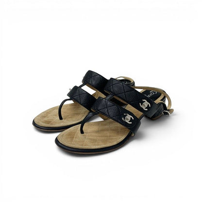 Chanel Sandals Shoes Leather Black Silver CC Logo Quilted Strap