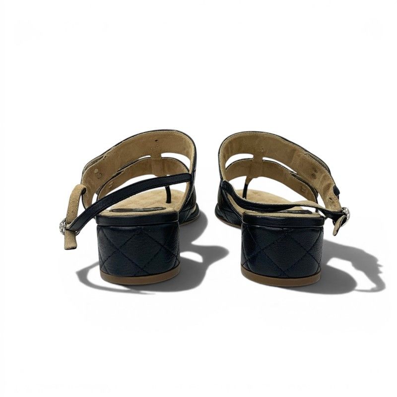 Chanel Sandals Shoes Leather Black Silver CC Logo Quilted Strap — view 5