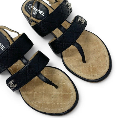 Chanel Sandals Shoes Leather Black Silver CC Logo Quilted Strap — view 9