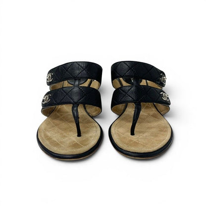 Chanel Sandals Shoes Leather Black Silver CC Logo Quilted Strap — view 2