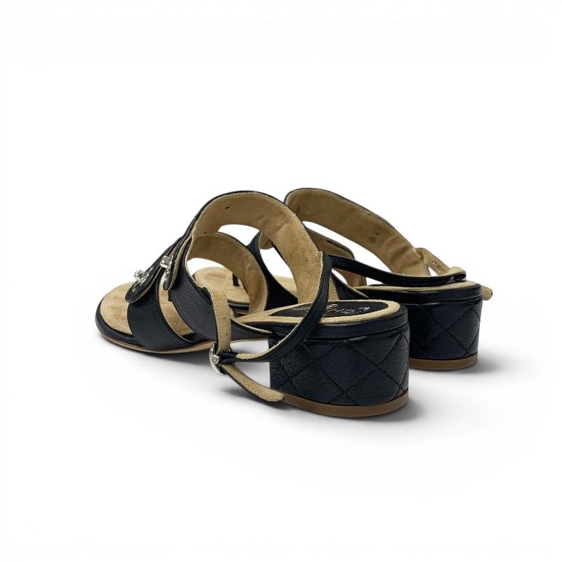 Chanel Sandals Shoes Leather Black Silver CC Logo Quilted Strap — view 4