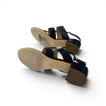 Chanel Sandals Shoes Leather Black Silver CC Logo Quilted Strap — view 6