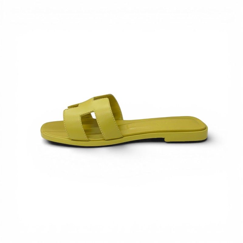 Hermes Oran Sandals Shoes Leather Yellow Flat Mules — view 3