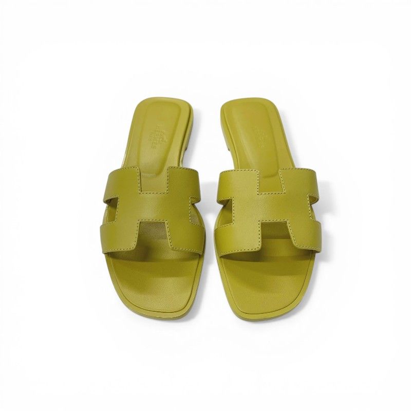 Hermes Oran Sandals Shoes Leather Yellow Flat Mules — view 2