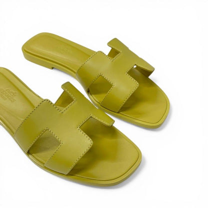 Hermes Oran Sandals Shoes Leather Yellow Flat Mules — view 9