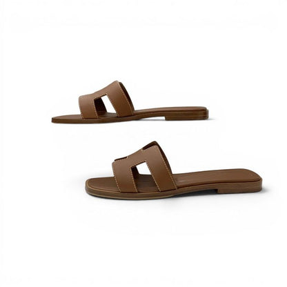 Hermes Oran Sandals Shoes Leather Brown Flat Mules — view 3