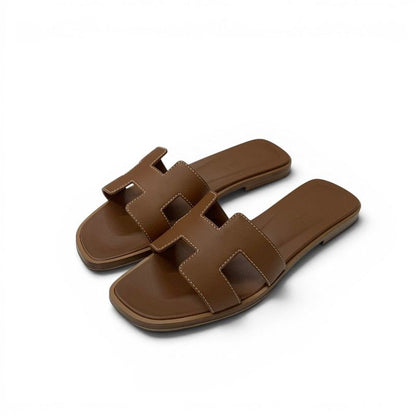 Hermes Oran Sandals Shoes Leather Brown Flat Mules